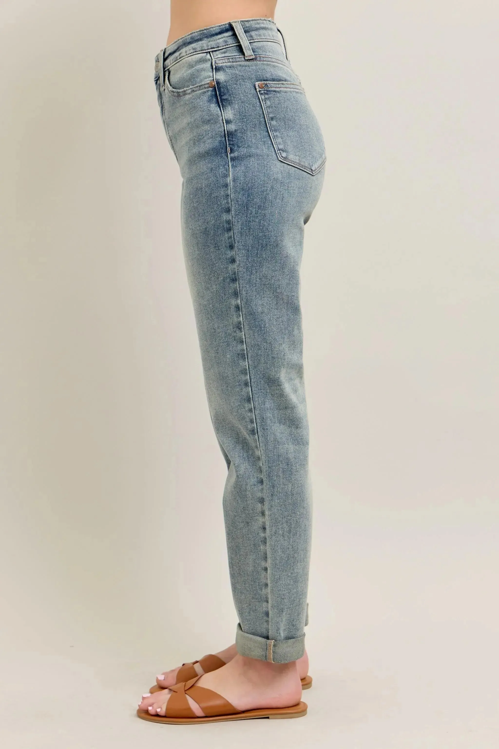 Judy Blue Full Size/Plus Size High Waist Vintage Wash Double Roll Cuff Boyfriend Jeans