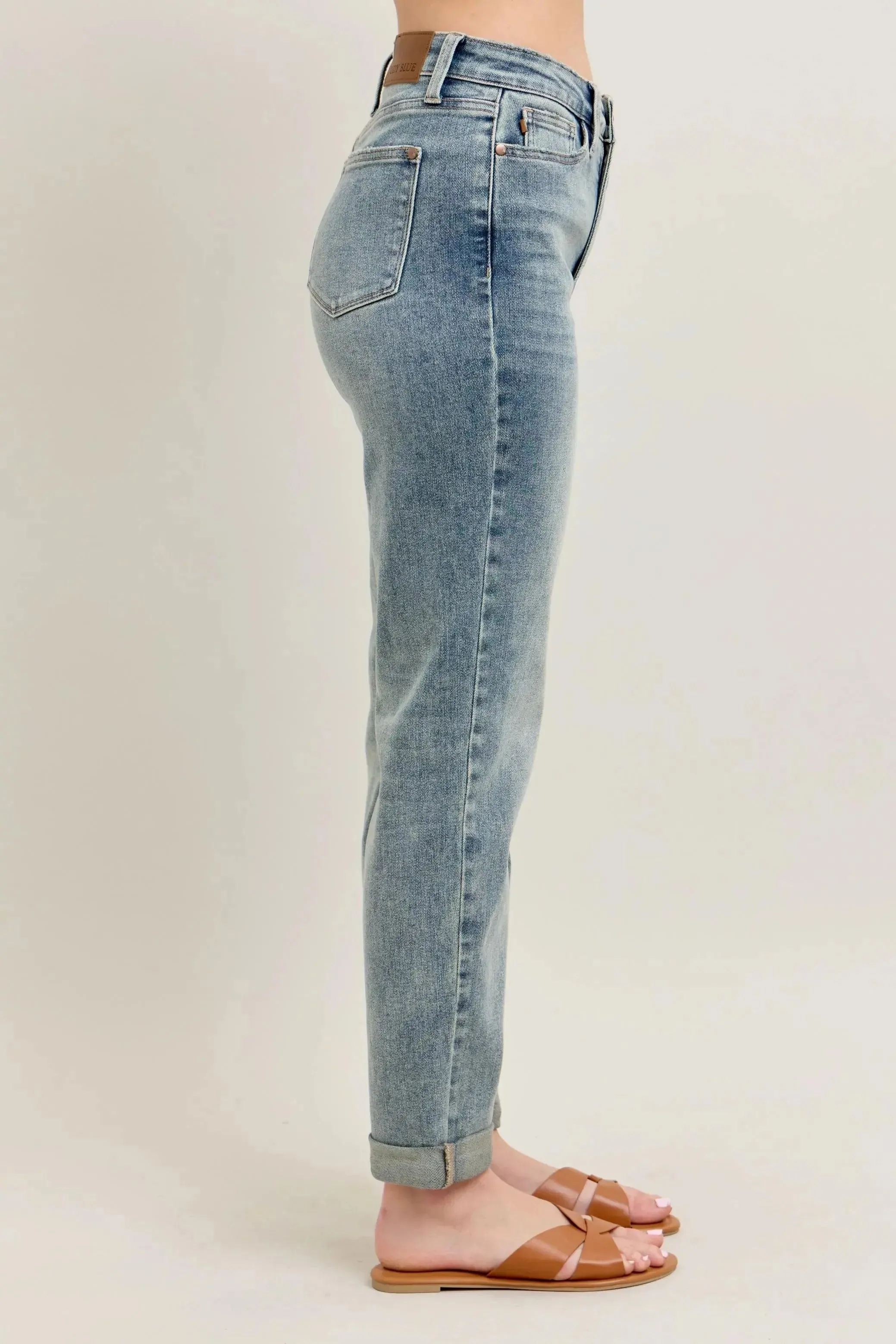 Judy Blue Full Size/Plus Size High Waist Vintage Wash Double Roll Cuff Boyfriend Jeans