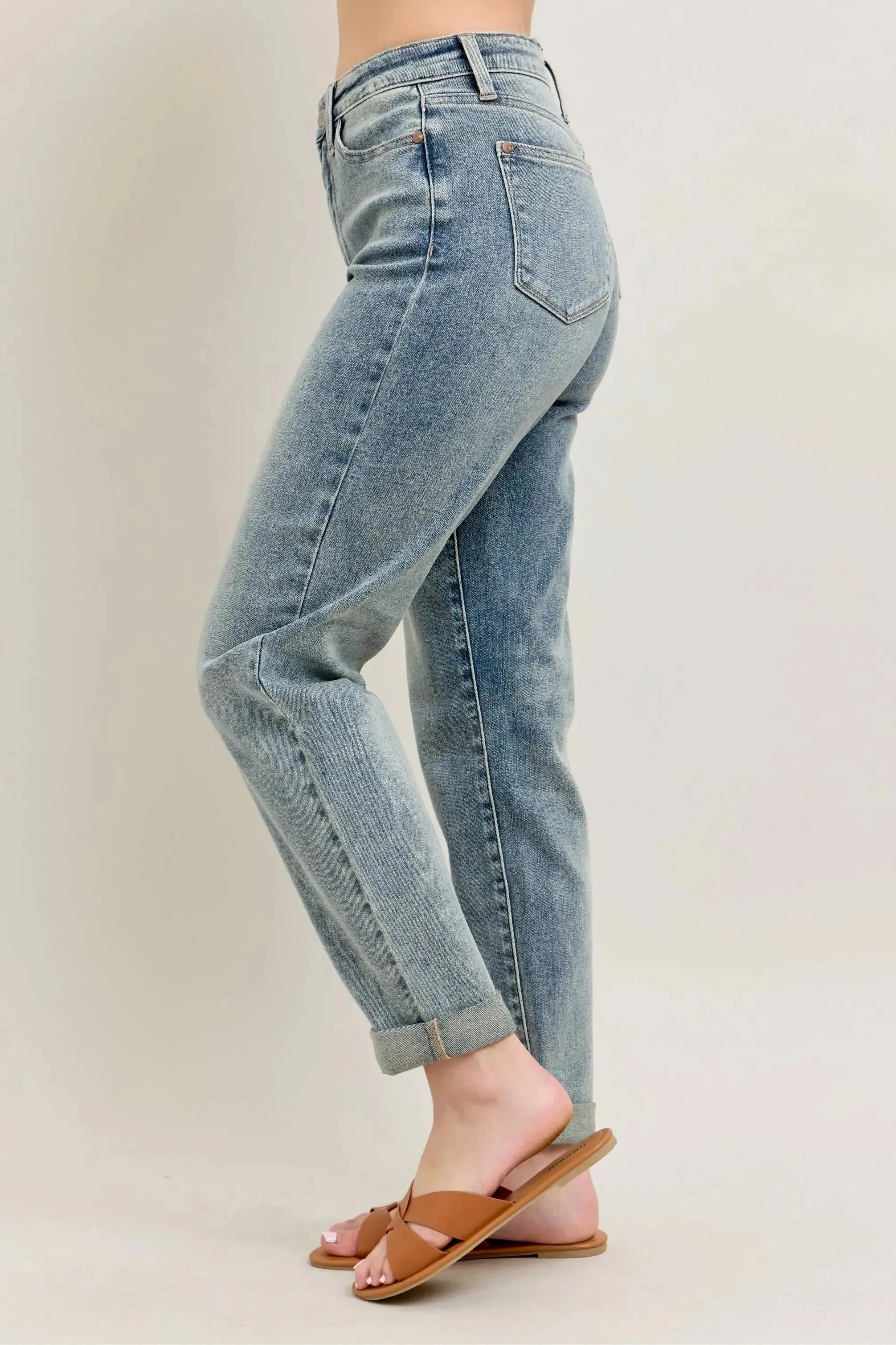 Judy Blue Full Size/Plus Size High Waist Vintage Wash Double Roll Cuff Boyfriend Jeans