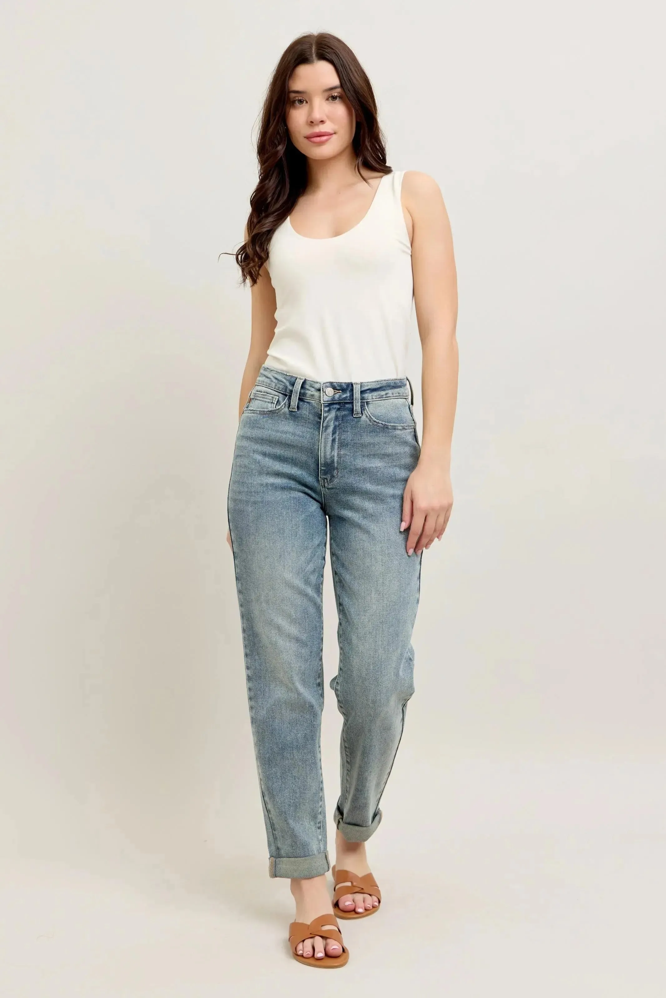 Judy Blue Full Size/Plus Size High Waist Vintage Wash Double Roll Cuff Boyfriend Jeans