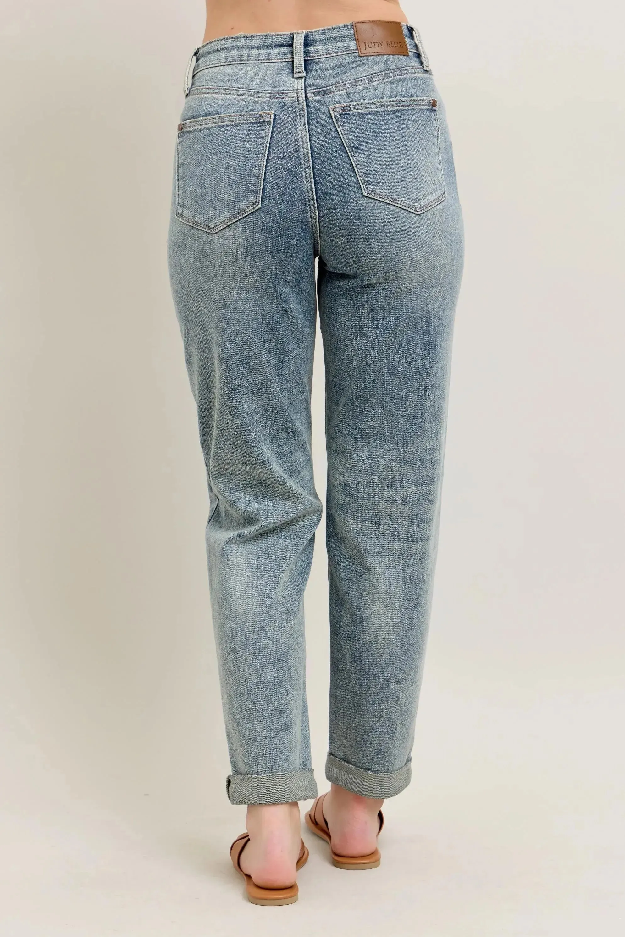 Judy Blue Full Size/Plus Size High Waist Vintage Wash Double Roll Cuff Boyfriend Jeans