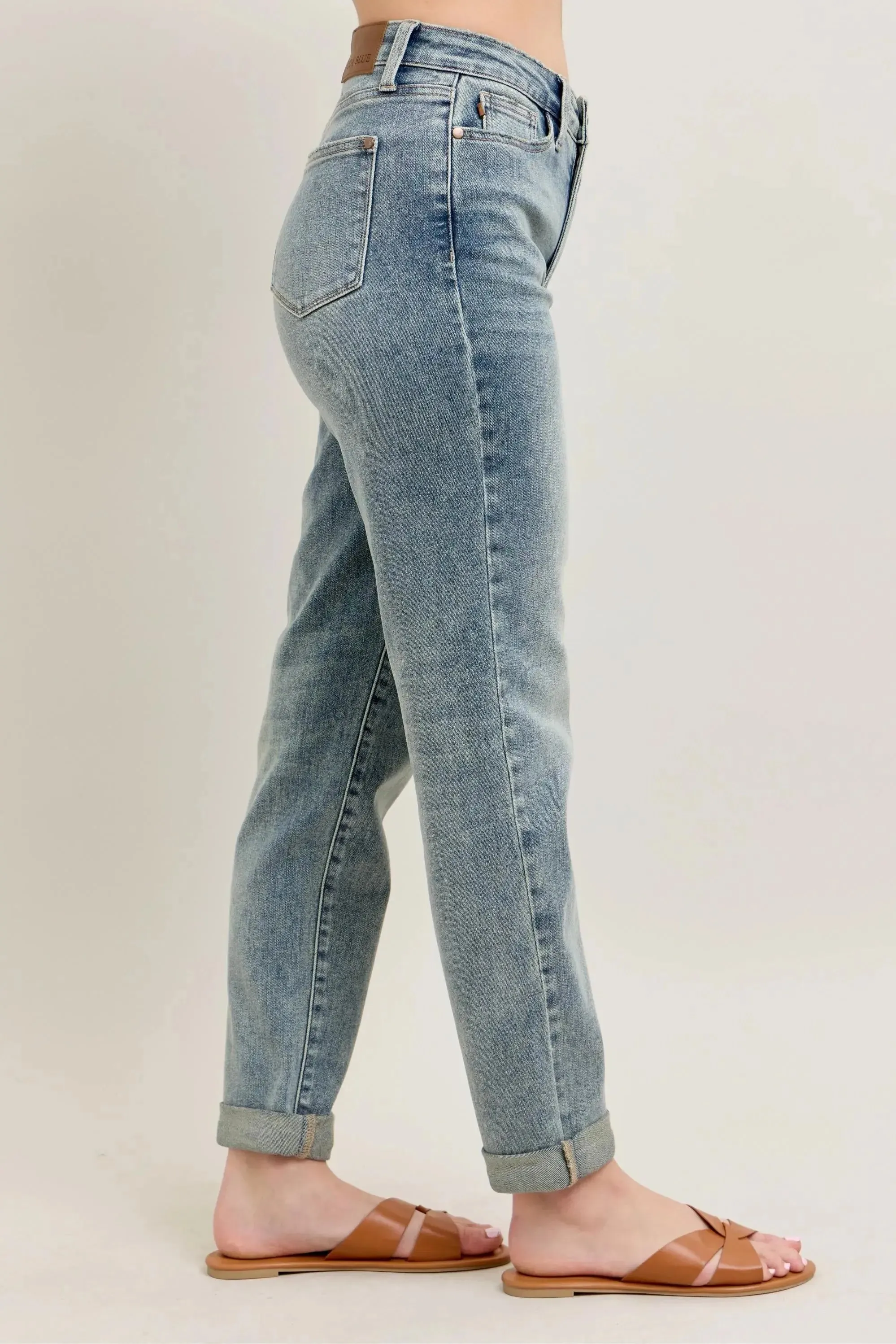 Judy Blue Full Size/Plus Size High Waist Vintage Wash Double Roll Cuff Boyfriend Jeans