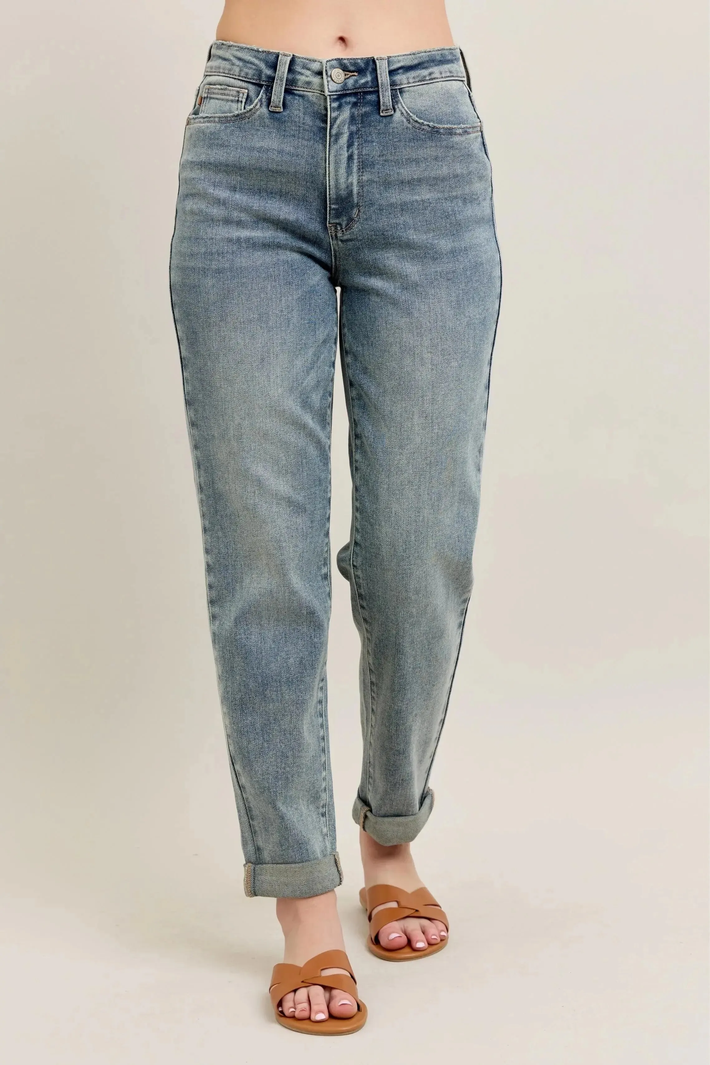 Judy Blue Full Size/Plus Size High Waist Vintage Wash Double Roll Cuff Boyfriend Jeans