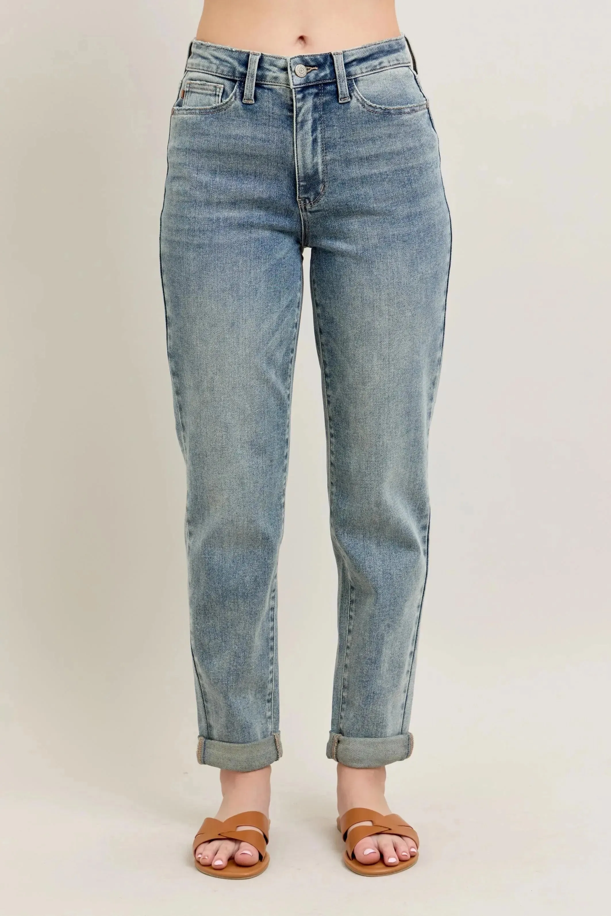 Judy Blue Full Size/Plus Size High Waist Vintage Wash Double Roll Cuff Boyfriend Jeans