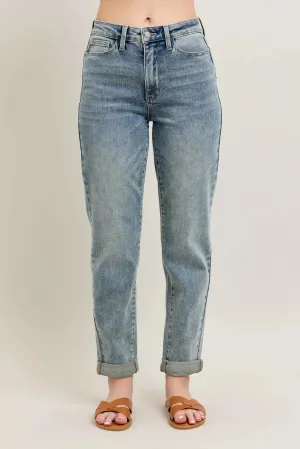 Judy Blue Full Size/Plus Size High Waist Vintage Wash Double Roll Cuff Boyfriend Jeans