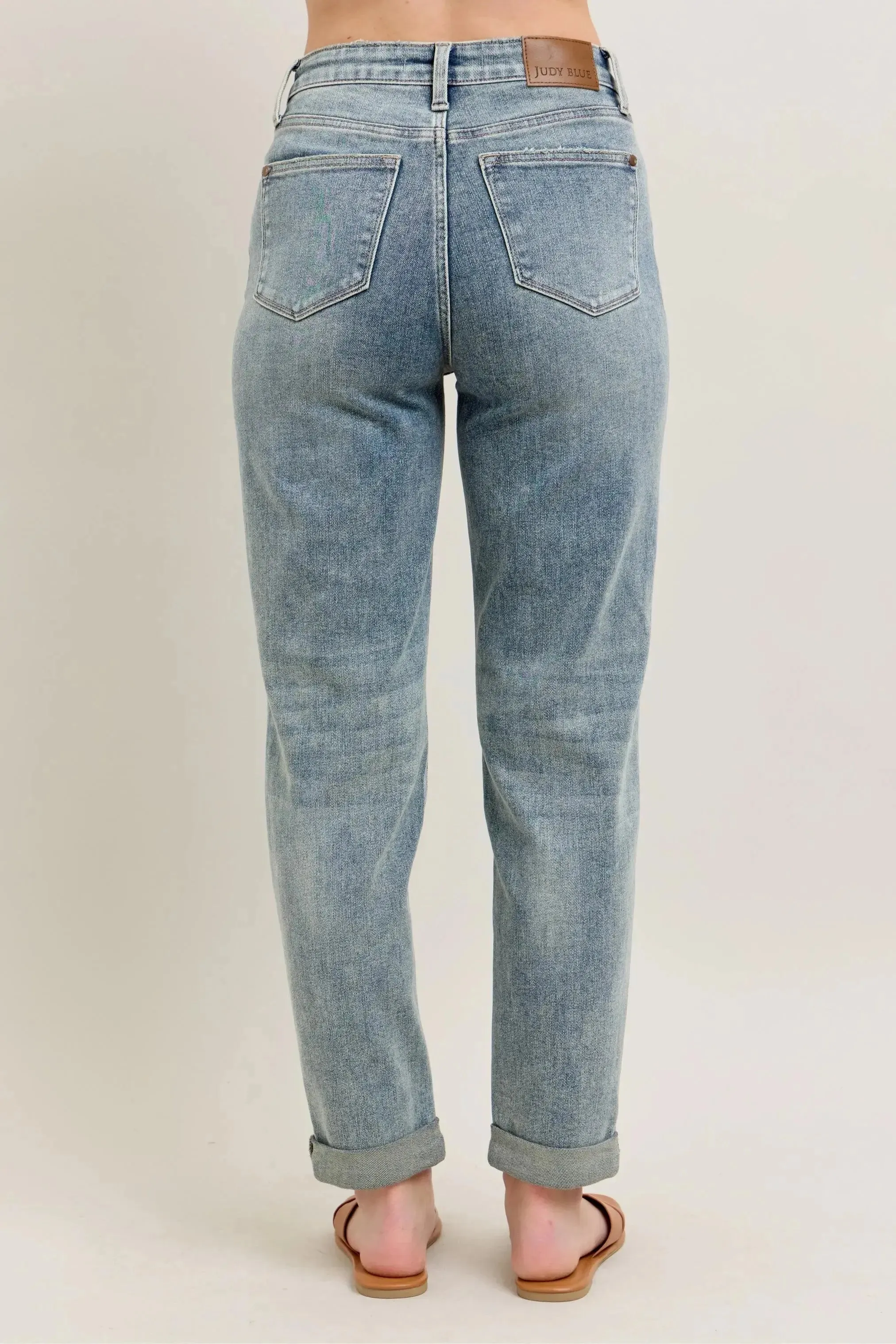 Judy Blue Full Size/Plus Size High Waist Vintage Wash Double Roll Cuff Boyfriend Jeans