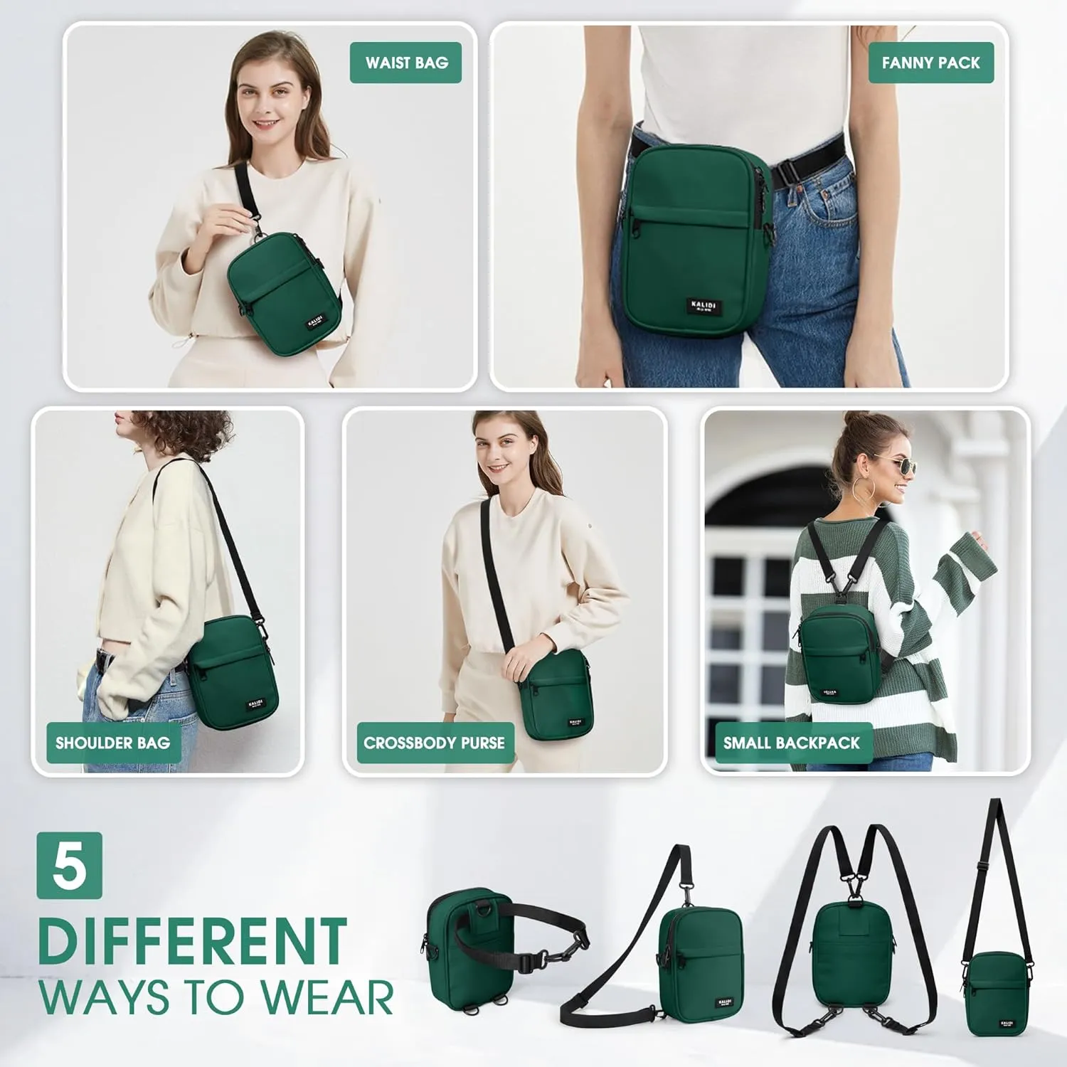 KALIDI Crossbody Sling Bag for Women Men Multi Position Small Purse Waist Fanny Pack with 2 Adjustable Strap