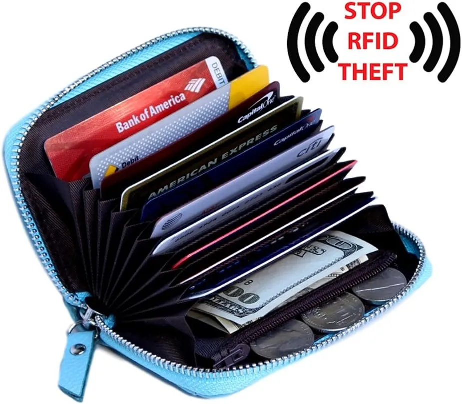KALMORE Women's Leather RFID Zipper Card Wallet Small Purse with Id Window