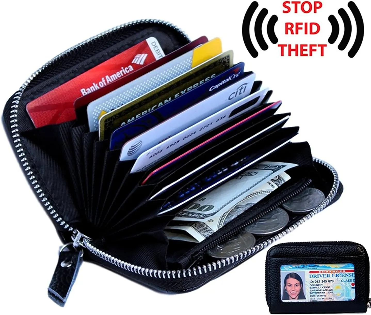 KALMORE Women's Leather RFID Zipper Card Wallet Small Purse with Id Window