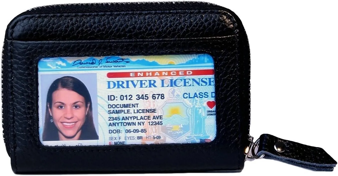 KALMORE Women's Leather RFID Zipper Card Wallet Small Purse with Id Window