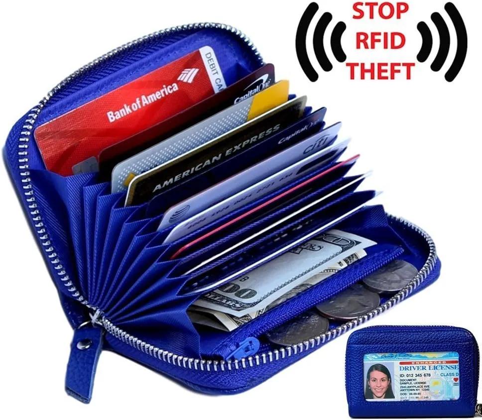 KALMORE Women's Leather RFID Zipper Card Wallet Small Purse with Id Window