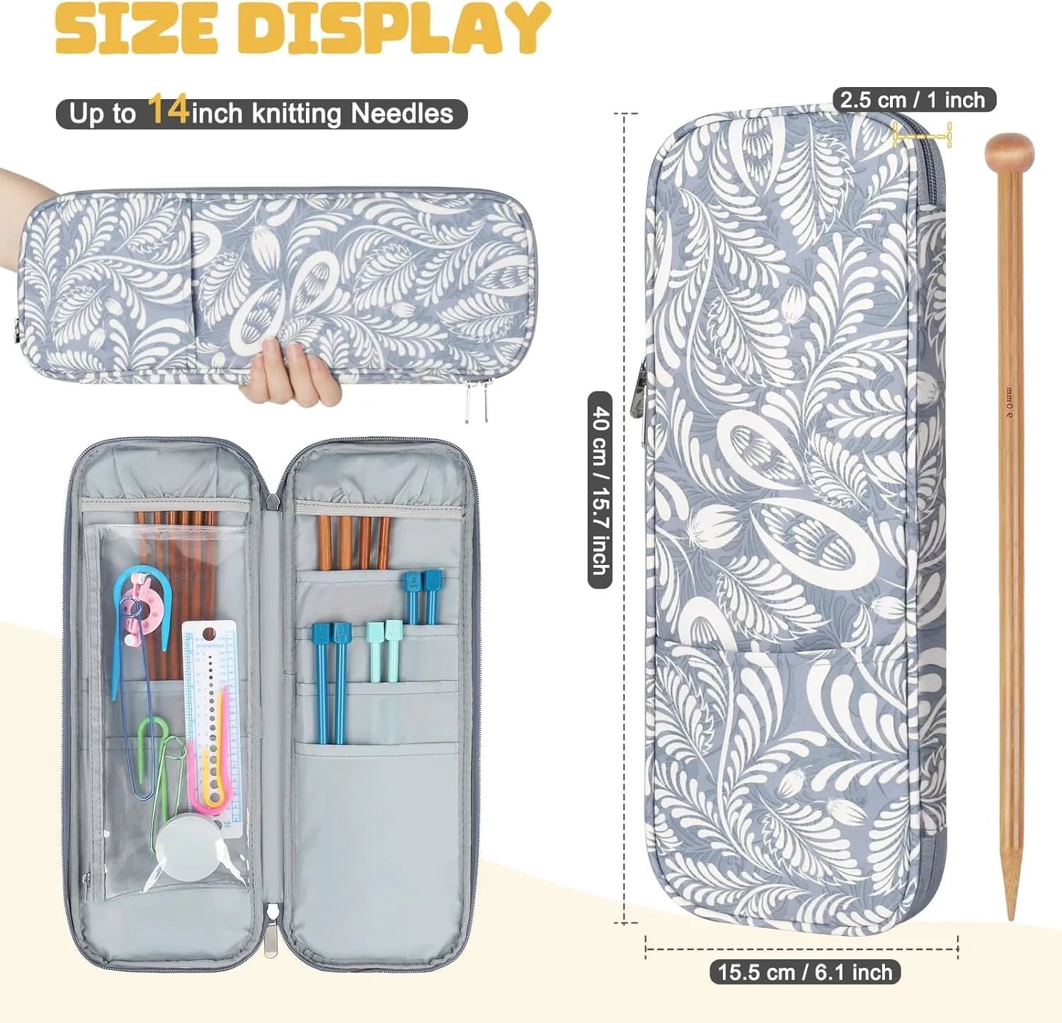 Katech Knitting Needle Case (up to 14 Inches), Portable Travel Needle Bag Organizer Zipper Bags for Tunisian Crochet Hook & Knitting Needles Accessories, Long Crochet Needle Case (Blue)
