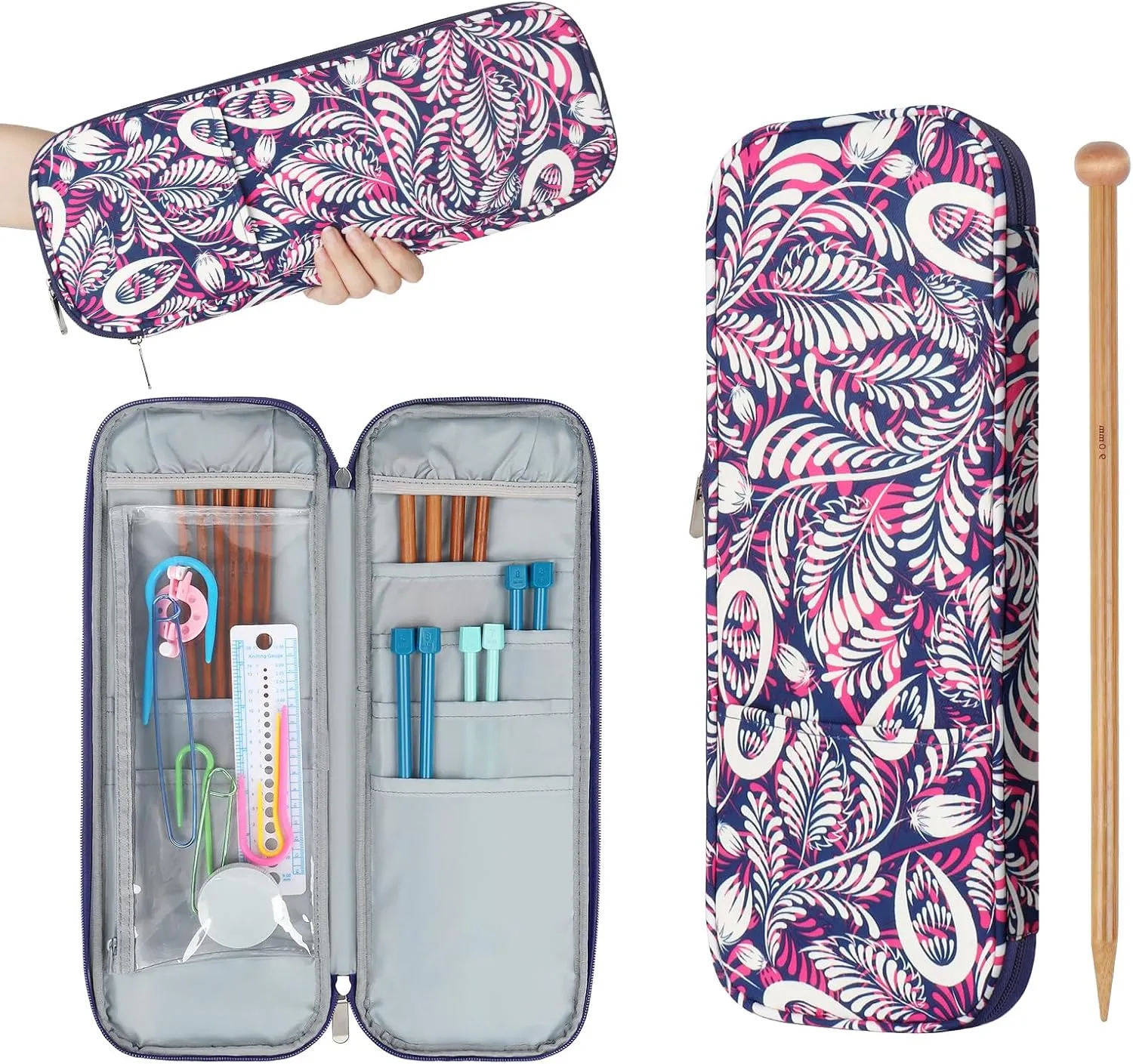 Katech Knitting Needles Case (up To 14''), Portable Travel Crochet Hooks Storage Bag Organizer with Transparent Pocket, Knitting Needle Organizer for Carrying Knitting Needles Accessories (Red)