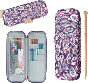 Katech Knitting Needles Case (up To 14''), Portable Travel Crochet Hooks Storage Bag Organizer with Transparent Pocket, Knitting Needle Organizer for Carrying Knitting Needles Accessories (Red)