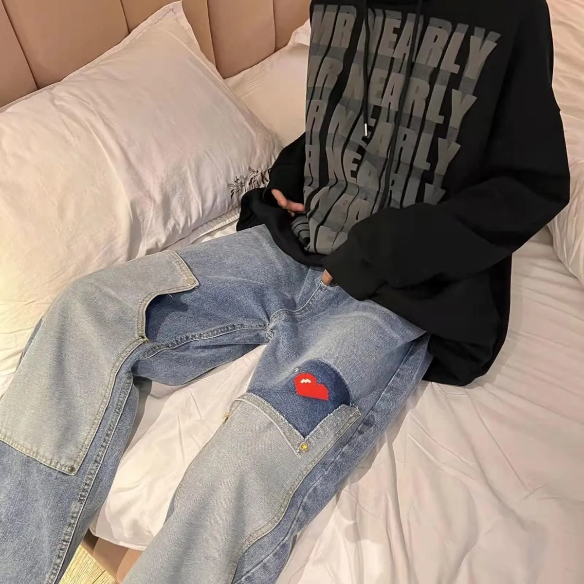 KCLOT Men's Relaxed Fit Hip Hop Straight Jeans Wide Leg Denim Pants 90's Style