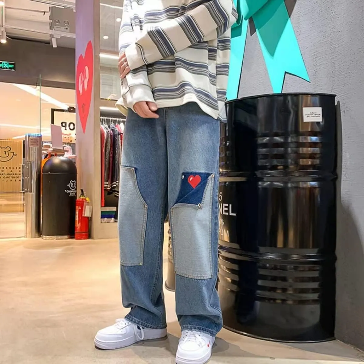 KCLOT Men's Relaxed Fit Hip Hop Straight Jeans Wide Leg Denim Pants 90's Style