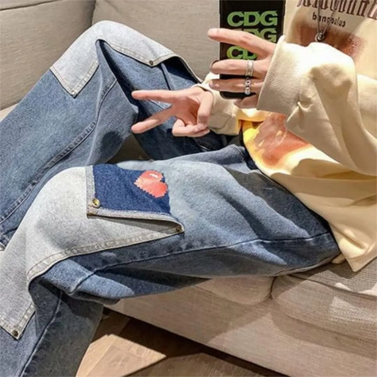 KCLOT Men's Relaxed Fit Hip Hop Straight Jeans Wide Leg Denim Pants 90's Style