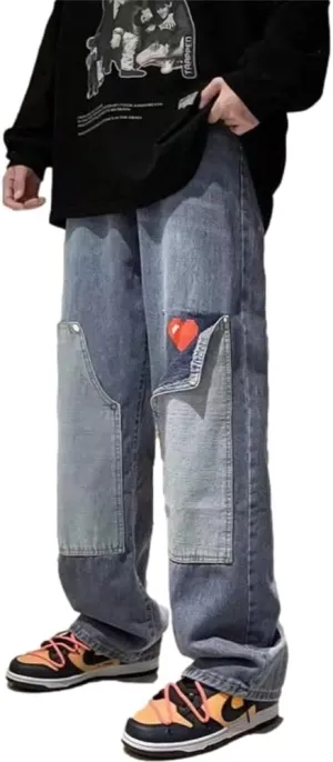 KCLOT Men's Relaxed Fit Hip Hop Straight Jeans Wide Leg Denim Pants 90's Style