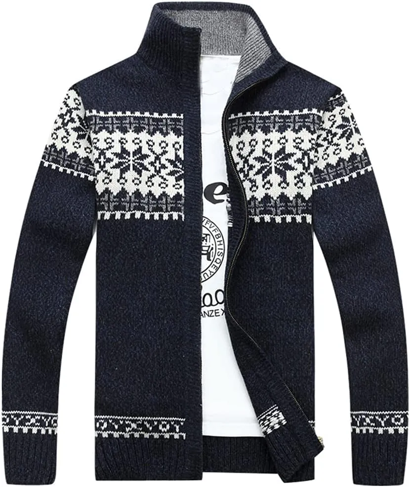 Kedera Men's Cardigan Sweaters Stand Collar Cable Thick Knitted Full Zip Sweater with Pattern