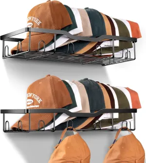KEETDY Metal Hat Racks for Baseball Caps Wall Hat Organizer Fit 20 Caps Holder, 2 Packs Sturdy Wall Mounted Hat Storage Organizer, Black, Patent: US D1,041,201 S