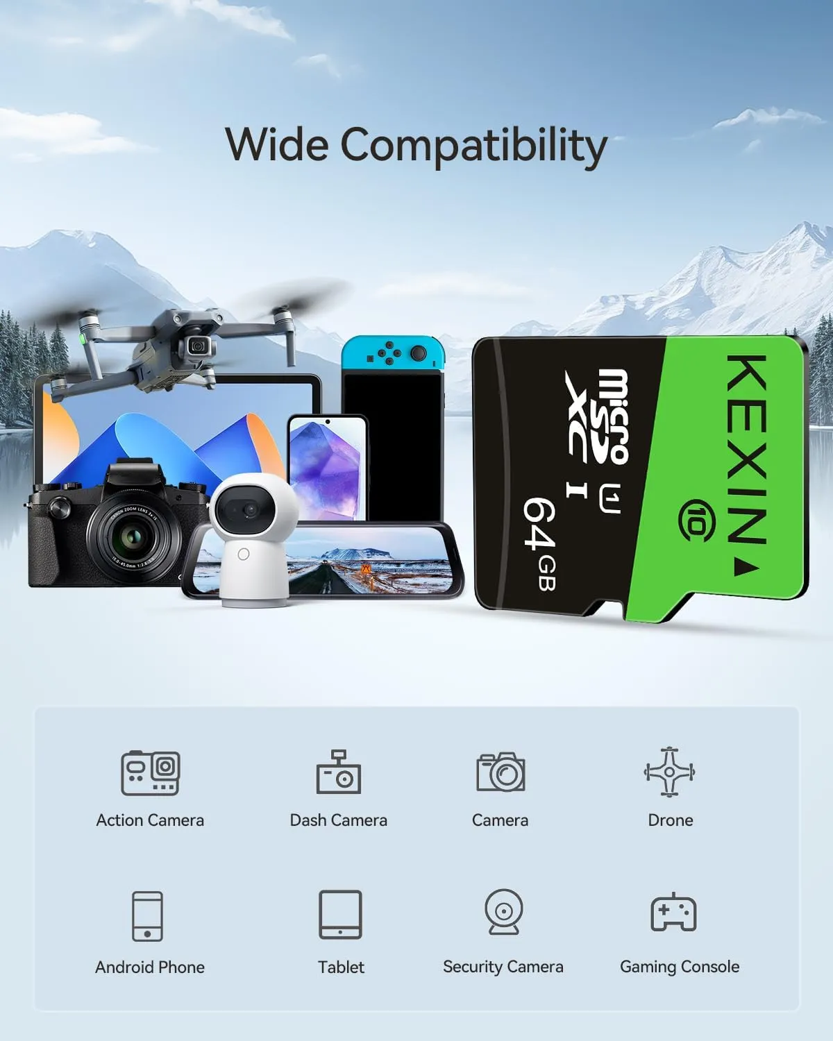 KEXIN 64GB Micro SD Card 3 Pack with SD Adapter microSDXC Memory Card UHS-I C10 U1 Micro SD Card Full HD High Speed TF Card for Tablet Action Camera Dash Cam Drone Game Console, 64 G 3 Pack