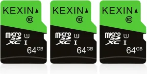 KEXIN 64GB Micro SD Card 3 Pack with SD Adapter microSDXC Memory Card UHS-I C10 U1 Micro SD Card Full HD High Speed TF Card for Tablet Action Camera Dash Cam Drone Game Console, 64 G 3 Pack
