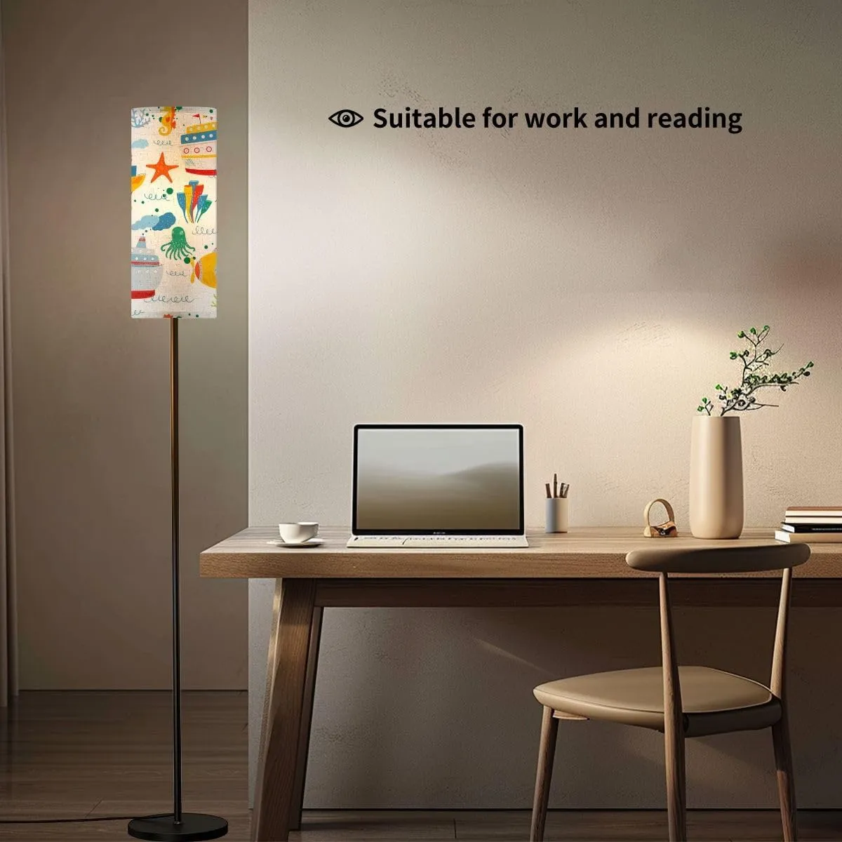 Kids nautical hand drawn ships gulls fish octopus sea animals Seamless Modern Floor Lamp Minimalist Standing Lamps for Living Room LED Corner Lamp Remote Control Metal Pole Lamp for Bedroom, Reading