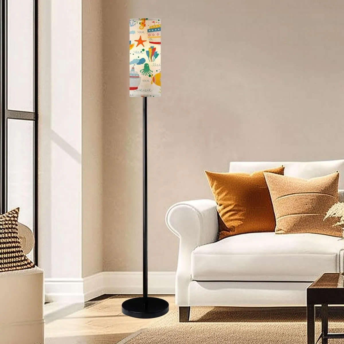 Kids nautical hand drawn ships gulls fish octopus sea animals Seamless Modern Floor Lamp Minimalist Standing Lamps for Living Room LED Corner Lamp Remote Control Metal Pole Lamp for Bedroom, Reading
