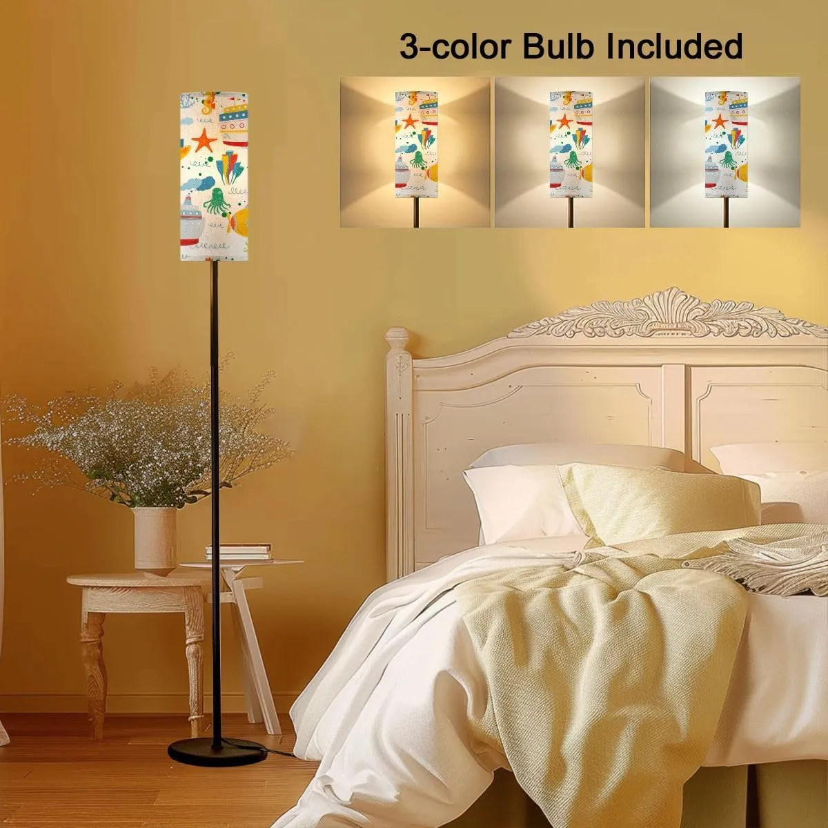 Kids nautical hand drawn ships gulls fish octopus sea animals Seamless Modern Floor Lamp Minimalist Standing Lamps for Living Room LED Corner Lamp Remote Control Metal Pole Lamp for Bedroom, Reading