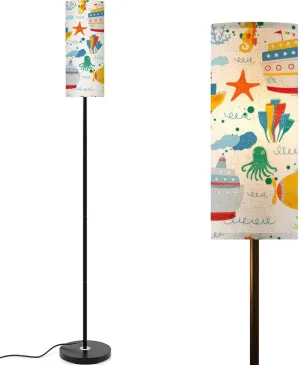 Kids nautical hand drawn ships gulls fish octopus sea animals Seamless Modern Floor Lamp Minimalist Standing Lamps for Living Room LED Corner Lamp Remote Control Metal Pole Lamp for Bedroom, Reading