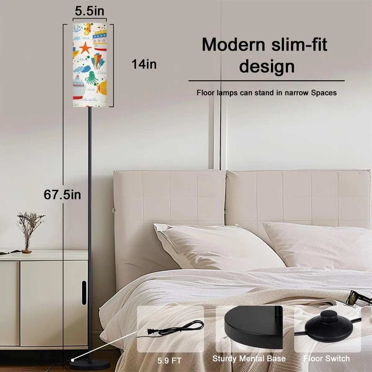 Kids nautical hand drawn ships gulls fish octopus sea animals Seamless Modern Floor Lamp Minimalist Standing Lamps for Living Room LED Corner Lamp Remote Control Metal Pole Lamp for Bedroom, Reading