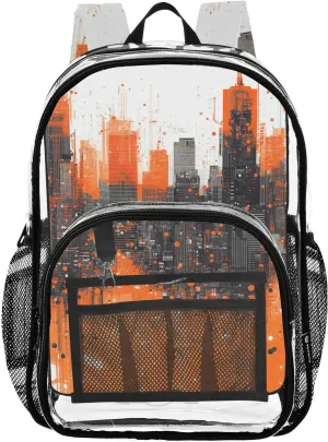 Kids PVC Clear Backpack Circuit Board City Orange Heavy Duty Multi-pockets Large Capacity Transparent See Through Bookbag for School Travel Sport Work