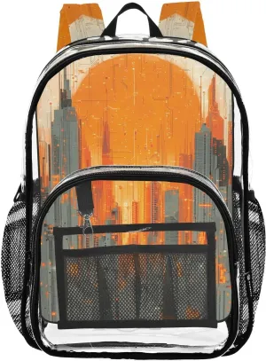 Kids PVC Clear Backpack Circuit Board City Sunset Heavy Duty Multi-pockets Large Capacity Transparent See Through Bookbag for School Travel Sport Work