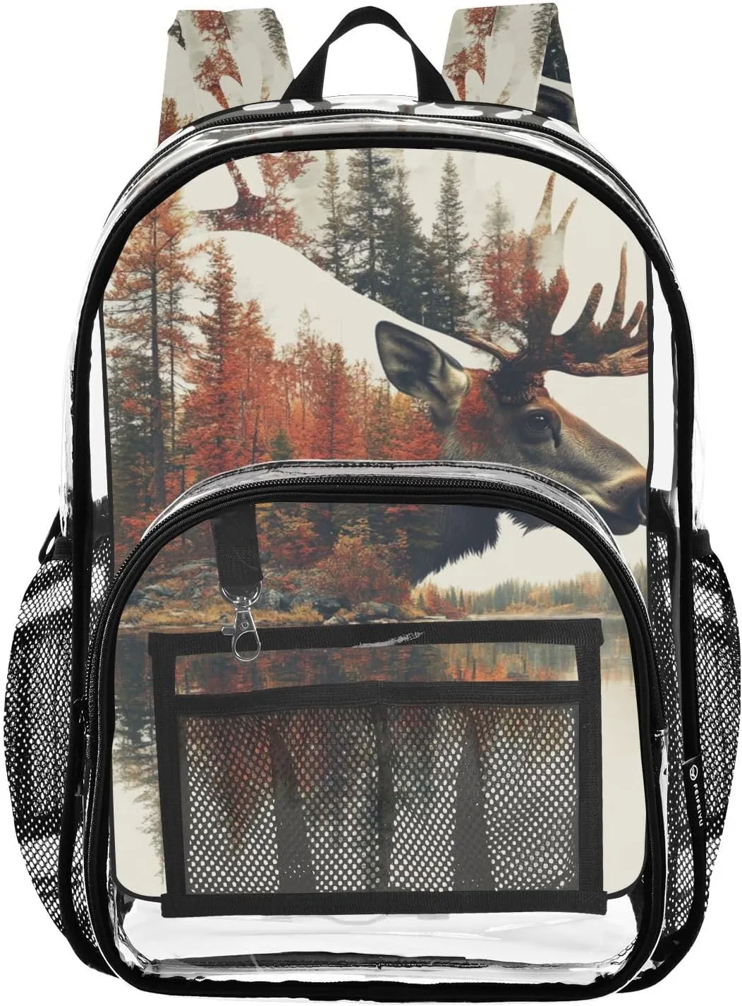 Kids PVC Clear Backpack Elk Double Exposure Heavy Duty Multi-pockets Large Capacity Transparent See Through Bookbag for School Travel Sport Work