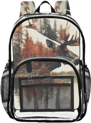 Kids PVC Clear Backpack Elk Double Exposure Heavy Duty Multi-pockets Large Capacity Transparent See Through Bookbag for School Travel Sport Work