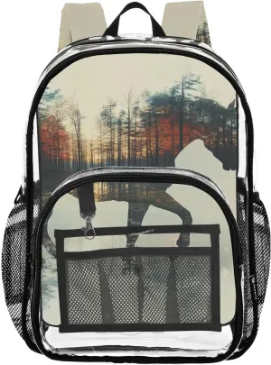 Kids PVC Clear Backpack Horse Double Exposure Heavy Duty Multi-pockets Large Capacity Transparent See Through Bookbag for School Travel Sport Work