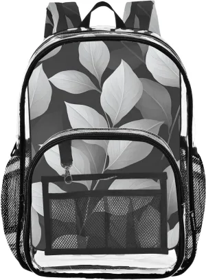 Kids PVC Clear Backpack Monochrome Leaves Print Heavy Duty Multi-pockets Large Capacity Transparent See Through Bookbag for School Travel Sport Work