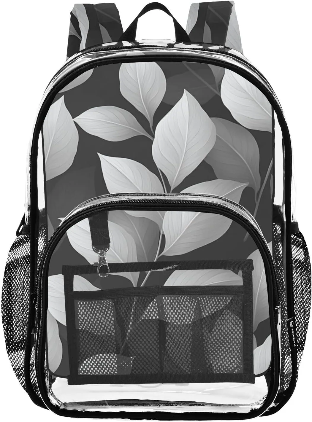 Kids PVC Clear Backpack Monochrome Leaves Print Heavy Duty Multi-pockets Large Capacity Transparent See Through Bookbag for School Travel Sport Work