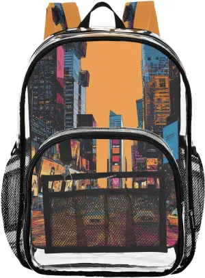 Kids PVC Clear Backpack Times Square Circuit Board Heavy Duty Multi-pockets Large Capacity Transparent See Through Bookbag for School Travel Sport Work