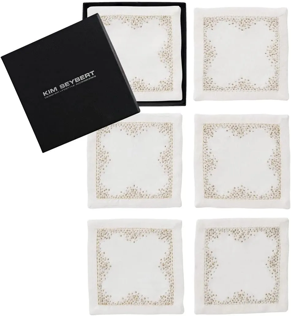 Kim Seybert Pin Dot Cocktail Napkins in White, Gold & Silver, Set of 6
