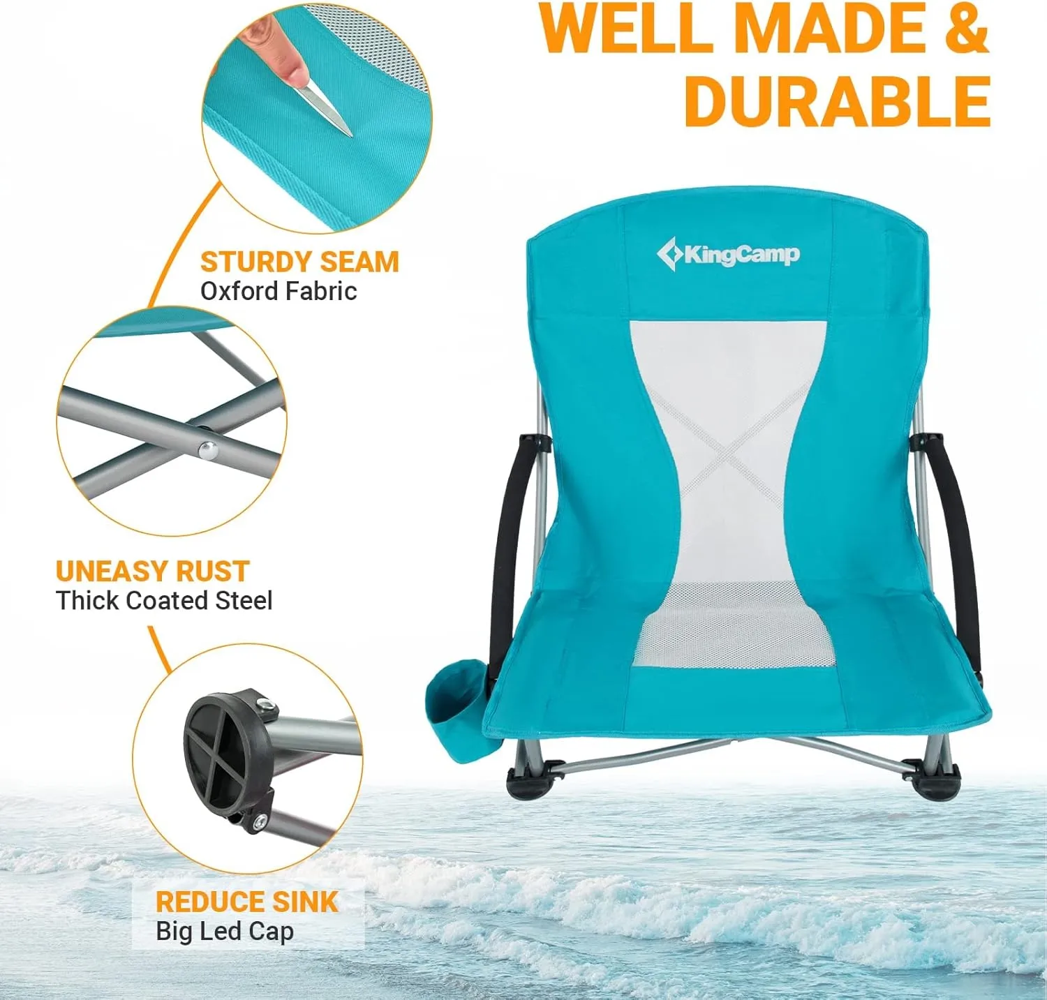 KingCamp Low Folding Beach Chair - Portable & Heavy Duty Beach Gear with 300lbs Capacity, Low Seat Design, Lightweight Camping Chair for Adults, Beach, Picnic, Concert & Outdoor Activities