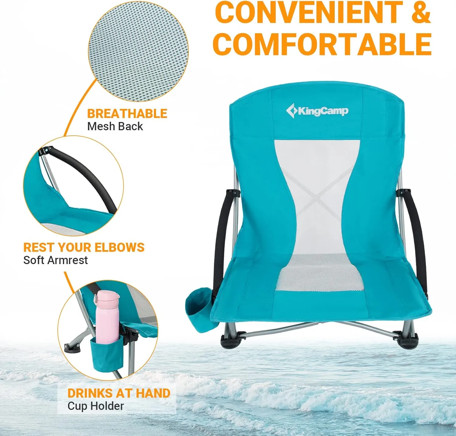 KingCamp Low Folding Beach Chair - Portable & Heavy Duty Beach Gear with 300lbs Capacity, Low Seat Design, Lightweight Camping Chair for Adults, Beach, Picnic, Concert & Outdoor Activities