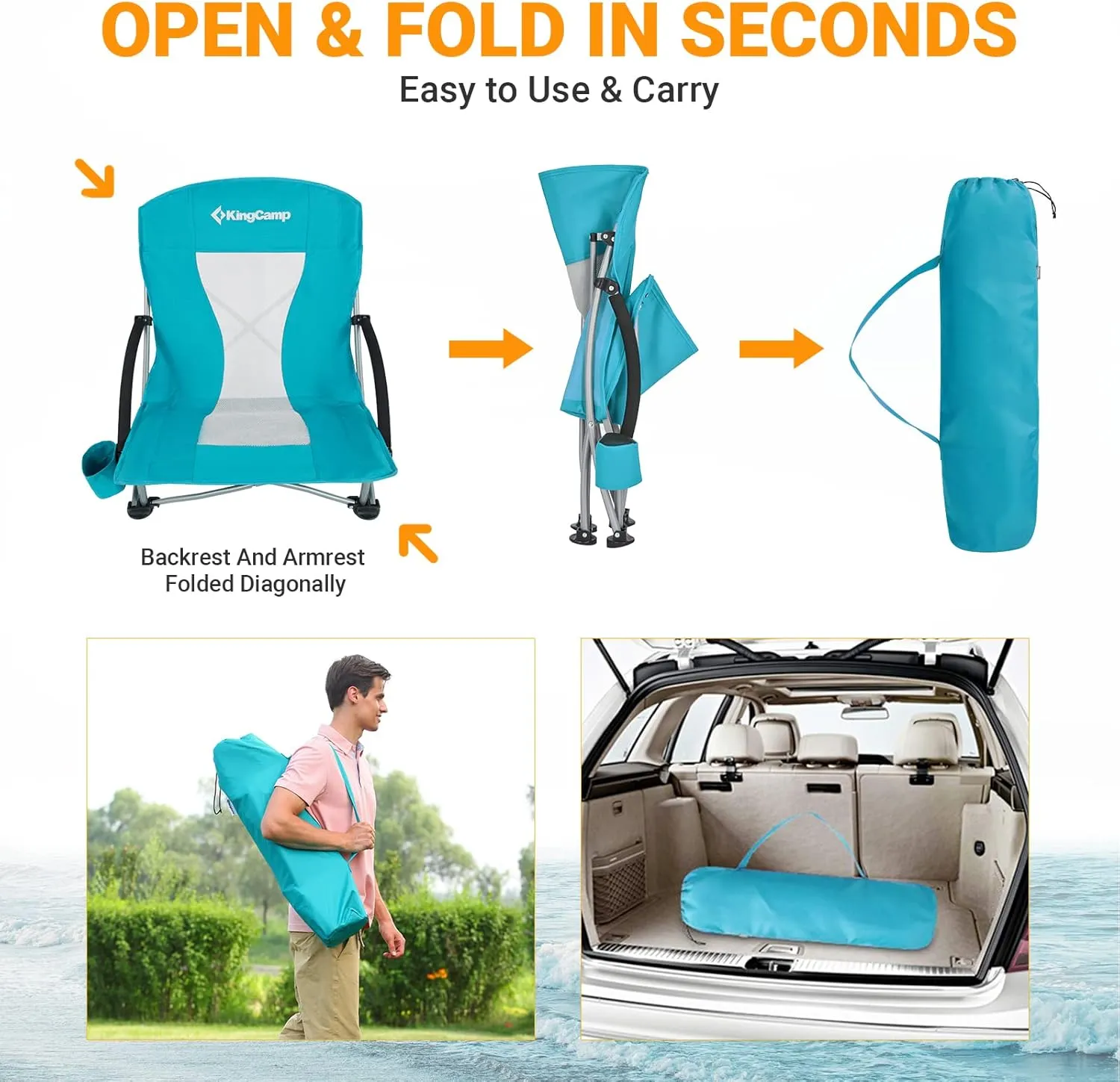 KingCamp Low Folding Beach Chair - Portable & Heavy Duty Beach Gear with 300lbs Capacity, Low Seat Design, Lightweight Camping Chair for Adults, Beach, Picnic, Concert & Outdoor Activities