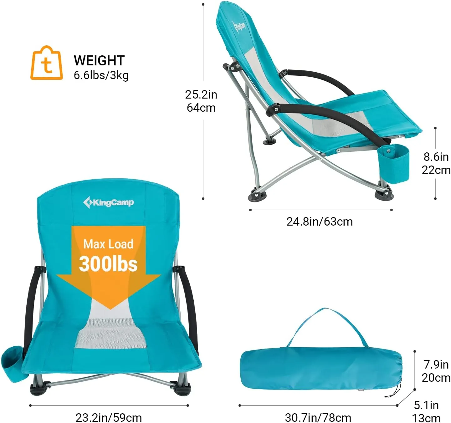 KingCamp Low Folding Beach Chair - Portable & Heavy Duty Beach Gear with 300lbs Capacity, Low Seat Design, Lightweight Camping Chair for Adults, Beach, Picnic, Concert & Outdoor Activities