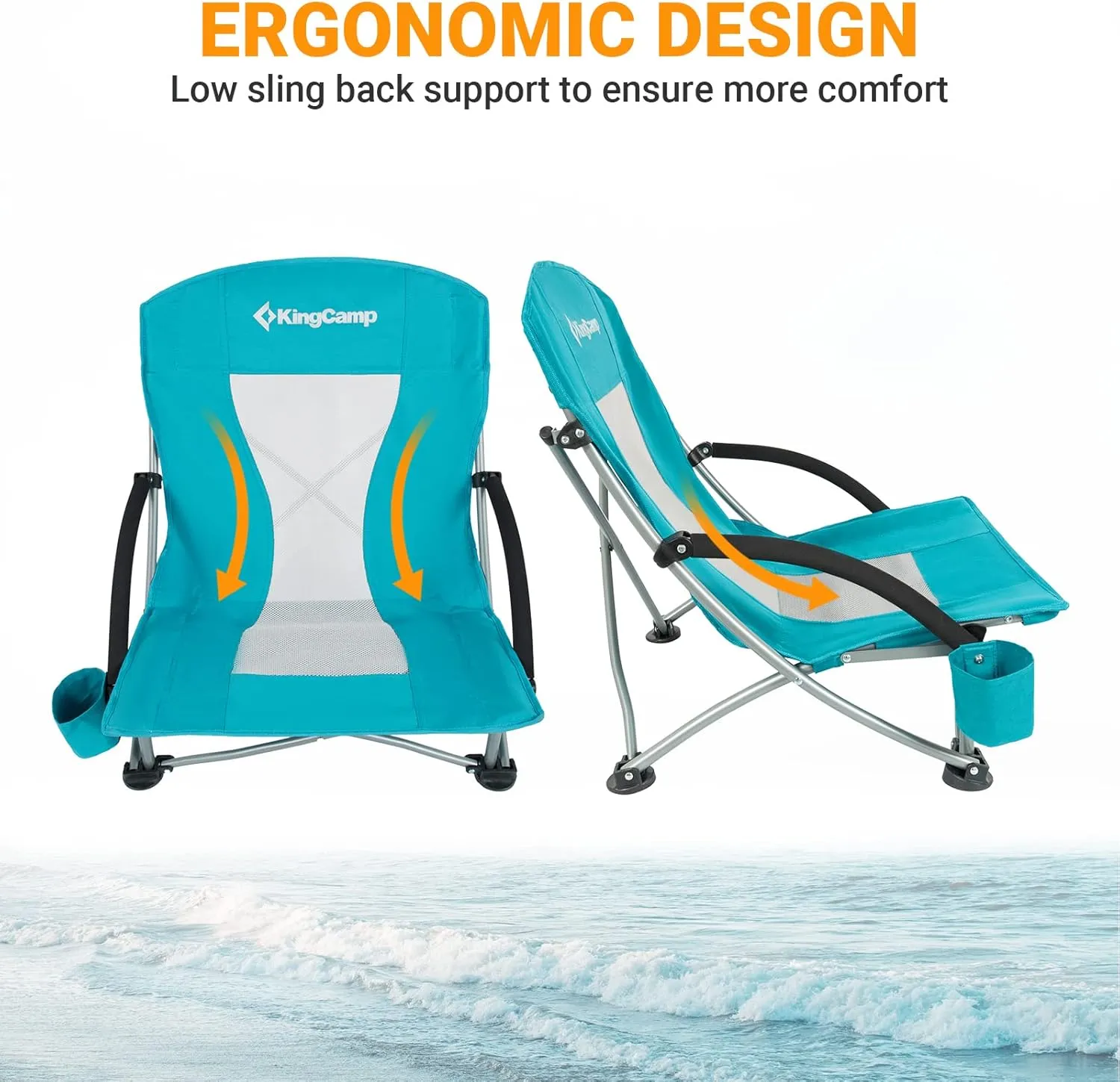 KingCamp Low Folding Beach Chair - Portable & Heavy Duty Beach Gear with 300lbs Capacity, Low Seat Design, Lightweight Camping Chair for Adults, Beach, Picnic, Concert & Outdoor Activities