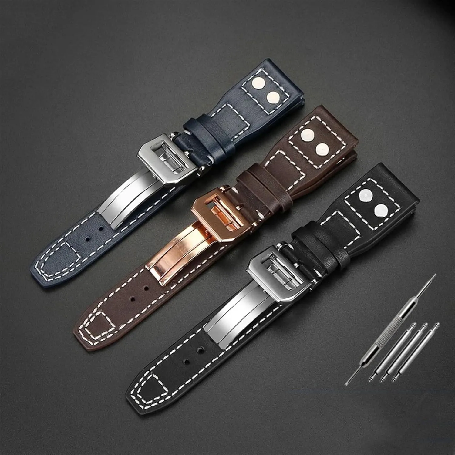 KLVN 20 21 22mm Genuine Leather Rivets Watchband Fit For IWC Big Pilot Spitfire Brown Black Blue Cowhide Watch Strap