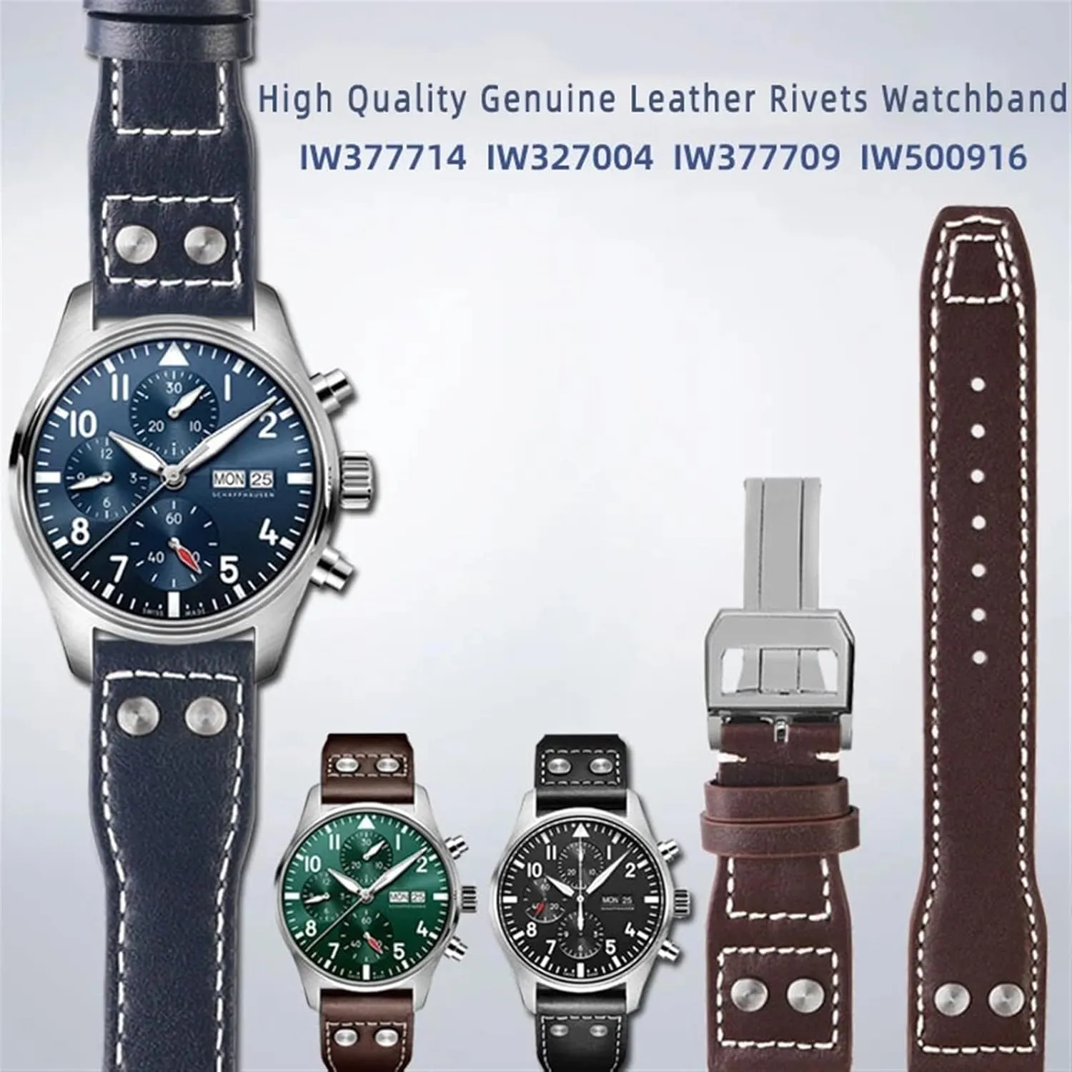 KLVN 20 21 22mm Genuine Leather Rivets Watchband Fit For IWC Big Pilot Spitfire Brown Black Blue Cowhide Watch Strap