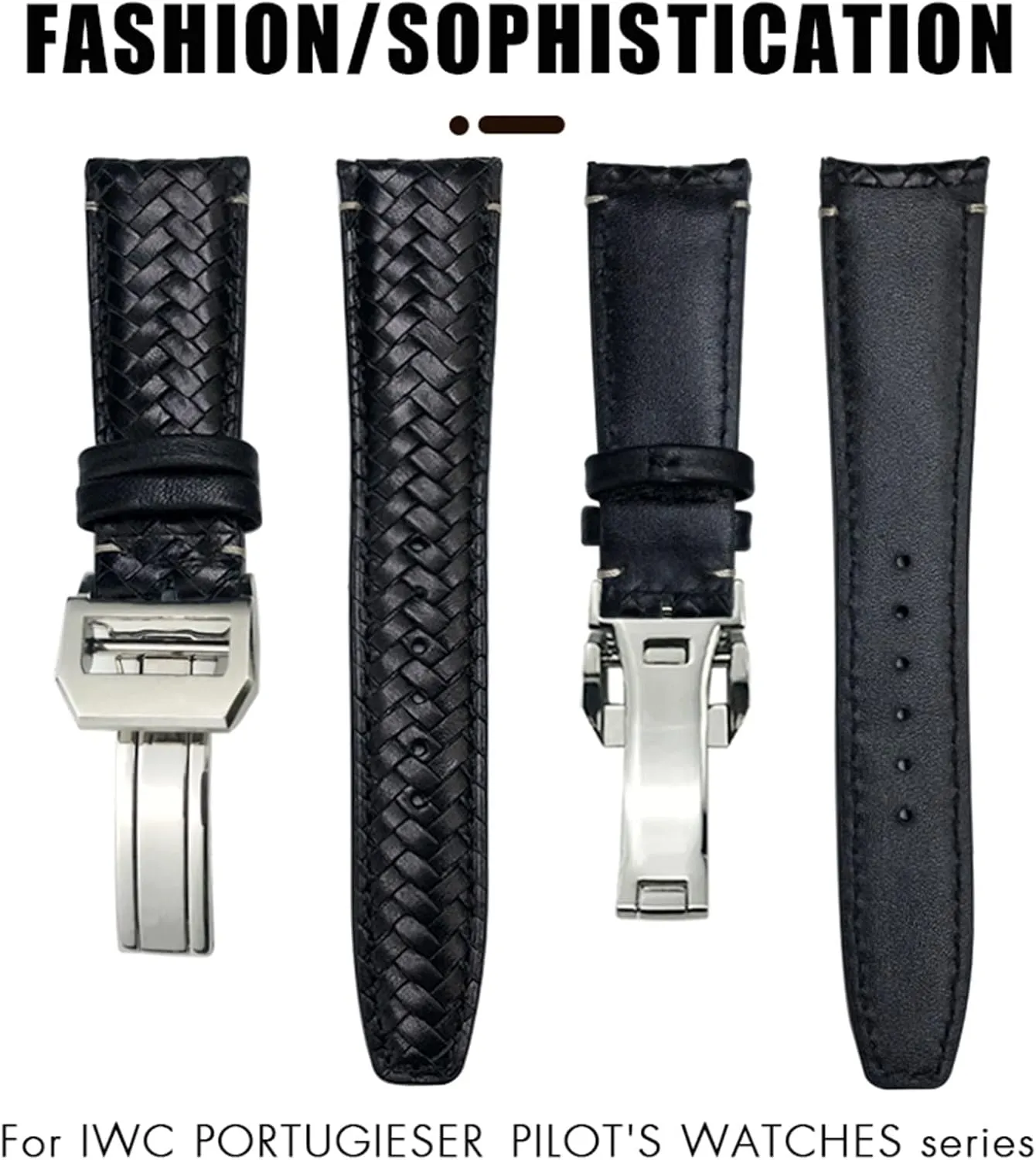 KLVN Curved End Cowhide Woven Watchband 20mm 21mm 22mm Fit For IWC Portugieser Pilots Genuine Leather Watch Strap