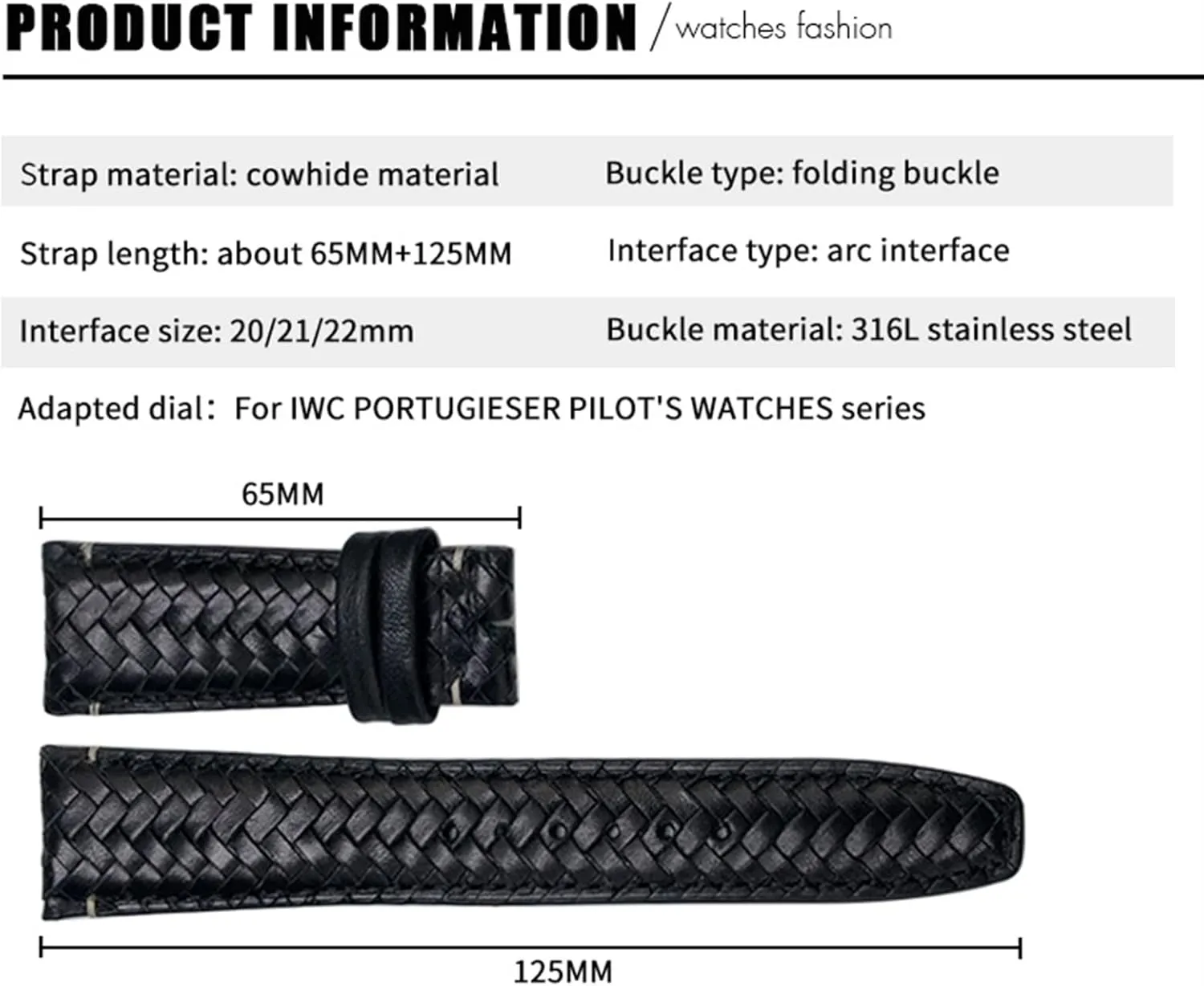 KLVN Curved End Cowhide Woven Watchband 20mm 21mm 22mm Fit For IWC Portugieser Pilots Genuine Leather Watch Strap