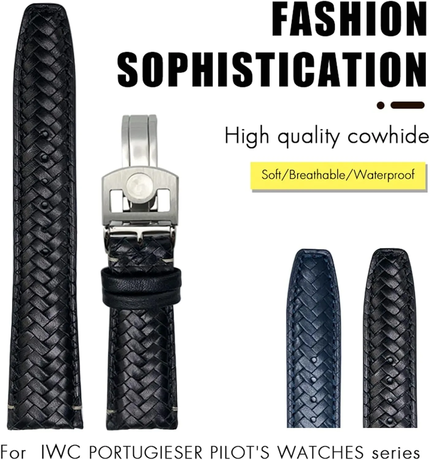 KLVN Curved End Cowhide Woven Watchband 20mm 21mm 22mm Fit For IWC Portugieser Pilots Genuine Leather Watch Strap